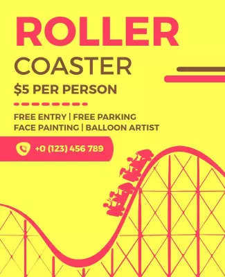 Vibrant Yellow Roller Coaster Adventure Attraction Poster Template