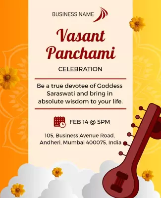 Vibrant Yellow Saraswati Festival Celebration Poster Template