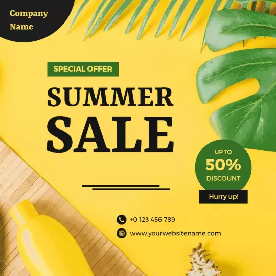 Vibrant Yellow Summer Sale with Tropical Elements Ad Template