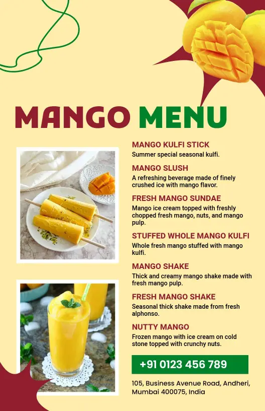 Vibrant Yellow Tropical Mango Menu Template