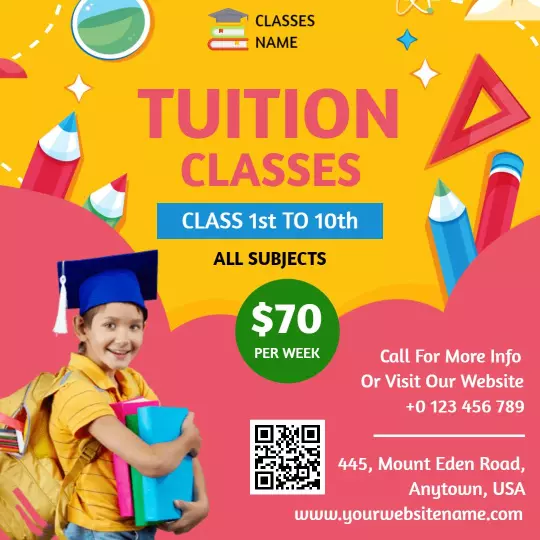 Vibrant Yellow Tuition Classes for Grades 1 to 10 Ad Template
