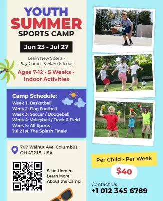 Vibrant Youth Summer Sports Camp Outdoor Activities Poster Template