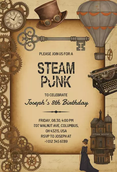 Victorian Steampunk 8th Birthday Celebration Invitation Template