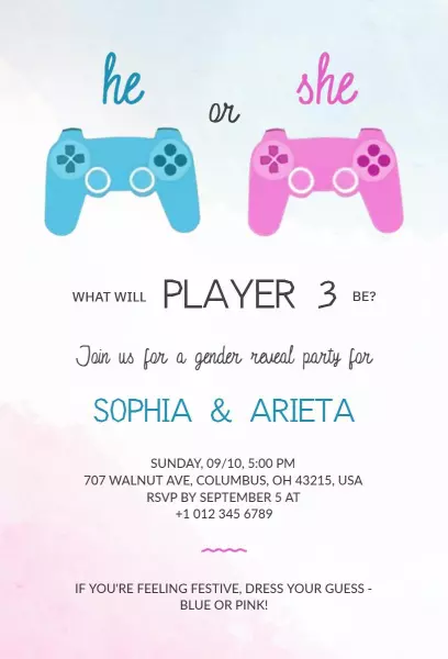 Video Game Themed Gender Reveal Celebration Invitation Template