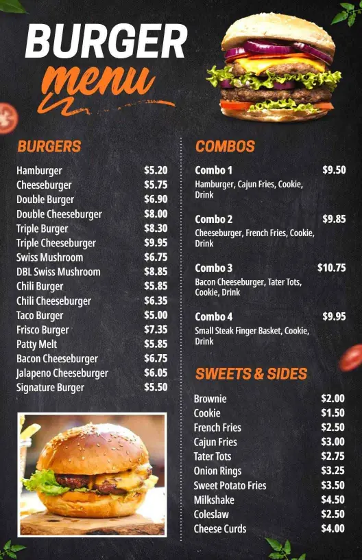 Vintage Black Background Burger Specials Menu Template