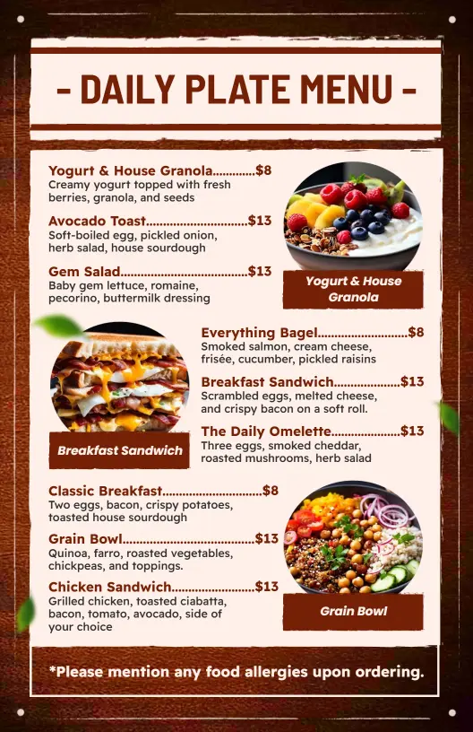 Vintage Brown Daily Plate Dining Options Menu Template