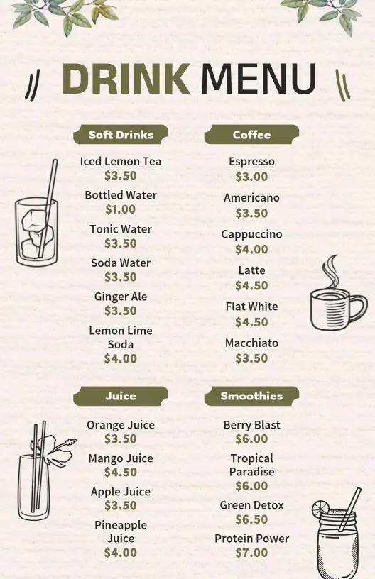 Vintage Illustrated Soft Drinks and Smoothies Menu Template