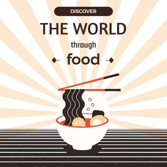 Vintage Japanese Noodle Bowl Artwork for Culinary Discovery Ad Template