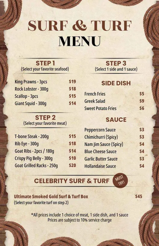 Vintage Maritime Style Surf & Turf Offerings Menu Template
