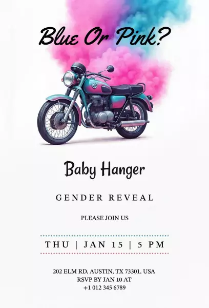 Vintage Motorcycle Blue or Pink Gender Reveal Invitation Template