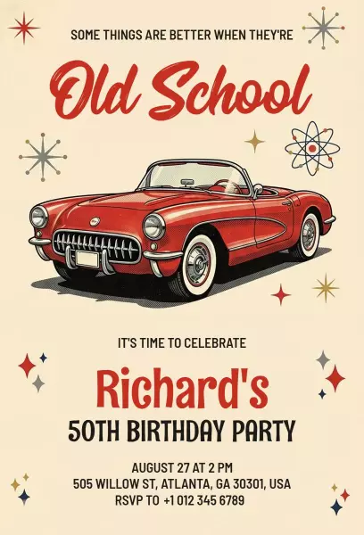 Vintage Old School Cars 50th Birthday Celebration Invitation Template