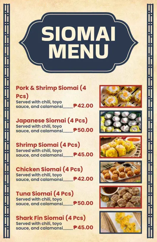 Vintage Patterned Design for Diverse Siomai Offerings Menu Template