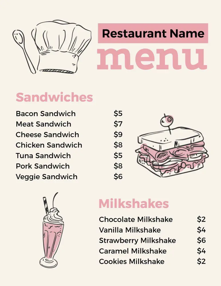 Vintage Pink Tones Gourmet Sandwiches and Shakes Menu Template