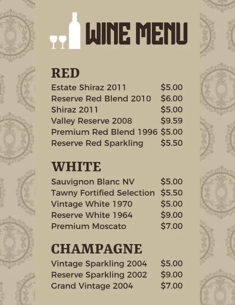Vintage Red and White Selections Featuring Sparkling Wine Menu Template