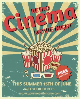 Vintage Retro Cinema Movie Night with Free Popcorn Poster Template