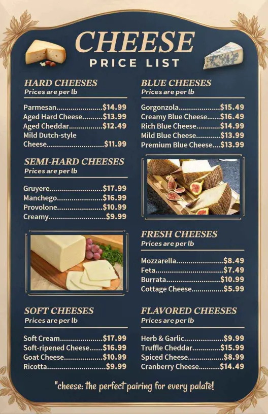 Vintage Style Cheese Variety Price List Template