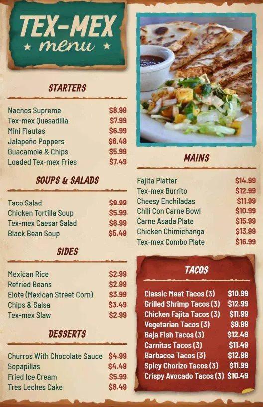 Vintage Style Tex-Mex Cuisine Dinner Menu Template