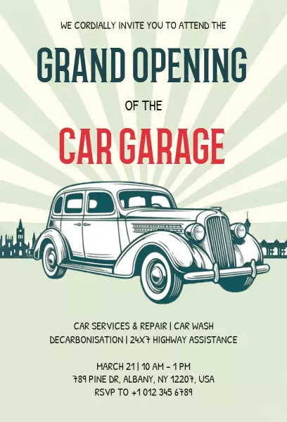 Vintage-Themed Car Garage Grand Opening Invitation Template