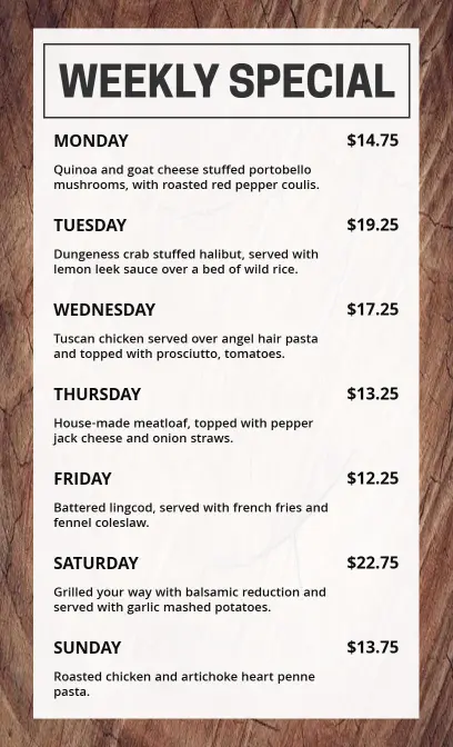 Vintage Wood Weekly Specials Menu Template