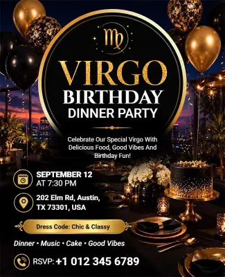 Virgo Zodiac Birthday Dinner Party Flyer Template