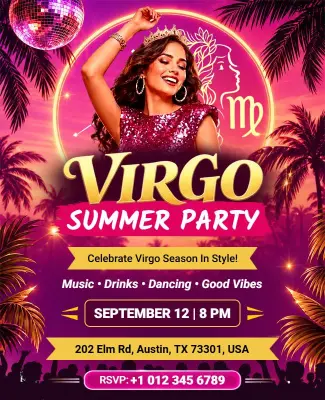 Virgo Zodiac Summer Party Celebration Flyer Template