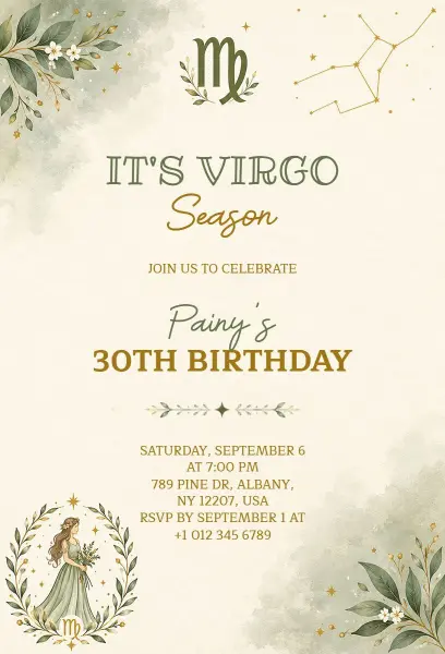 Virgo Zodiac Themed 30th Birthday Invitation Template