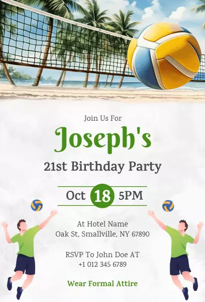Volleyball Beach Theme Sports Birthday Celebration Invitation Template