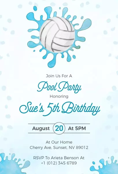Volleyball Splash Pool Party Sports Birthday Invitation Template