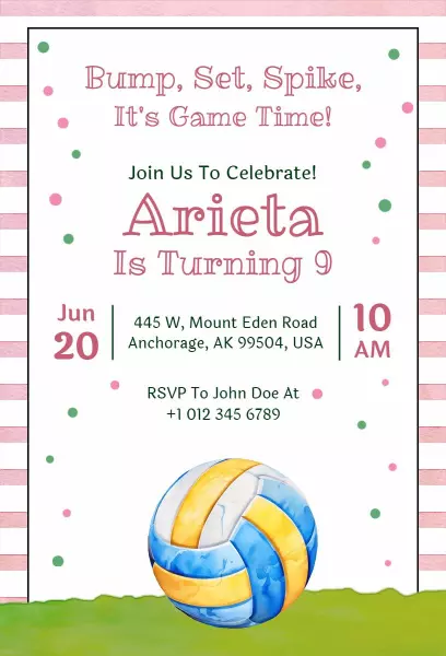 Volleyball Sports Birthday Celebration Fun Invitation Template