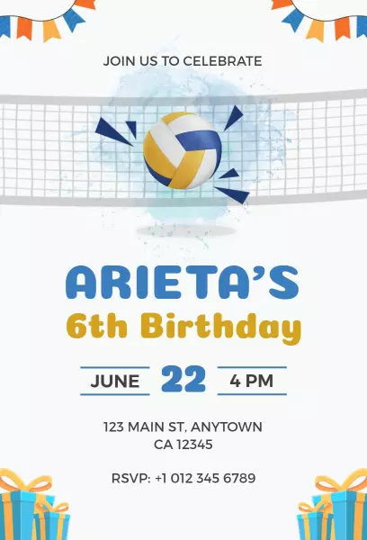 Volleyball Themed Fun Sports Birthday Celebration Invitation Template
