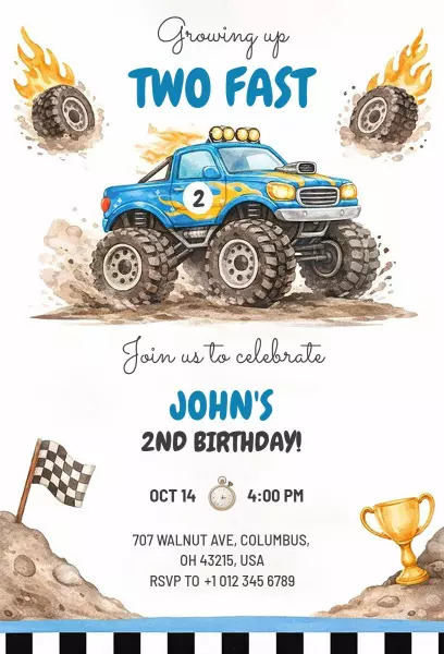 Vrooming Monster Truck Adventure Birthday Celebration Invitation Template