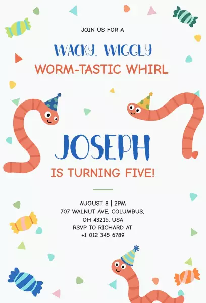 Wacky Wiggly Worm Birthday Celebration Invitation Template