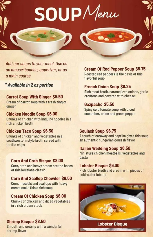 Warm and Flavorful Soup Varieties Featuring Unique Recipes Soup Menu Template