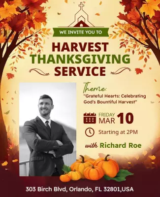 Warm Autumn Harvest Thanksgiving Service Invitation Poster Template