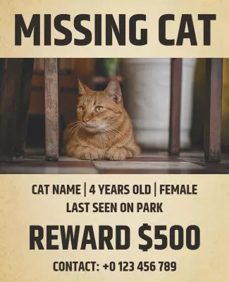 Warm Beige Missing Cat Reward Flyer Template