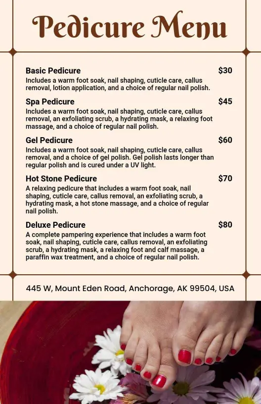 Warm Brown Deluxe Pedicure Treatment Menu Template