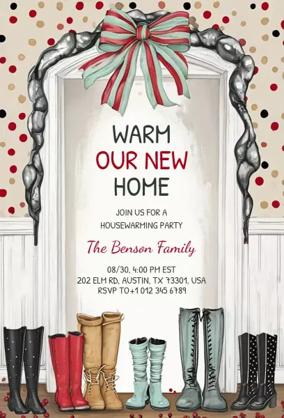 Warm Cozy Boots Themed Housewarming Party Invitation Template