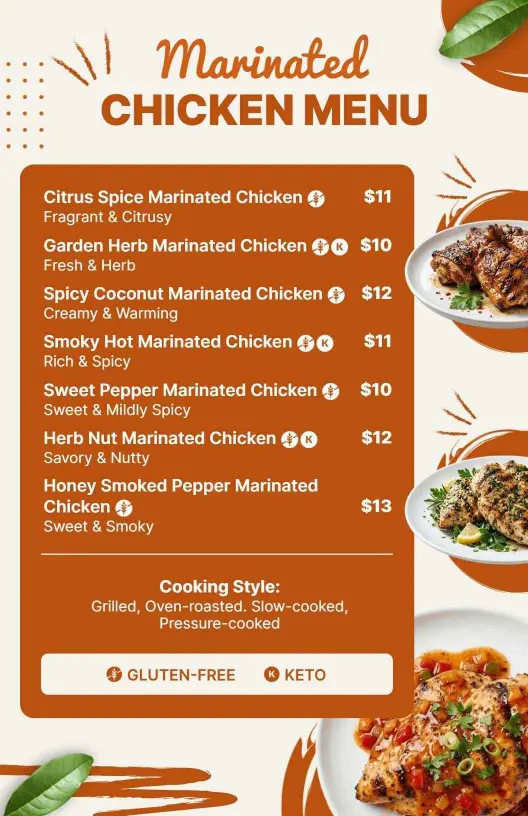 Warm Orange Marinated Chicken Dishes Menu Template