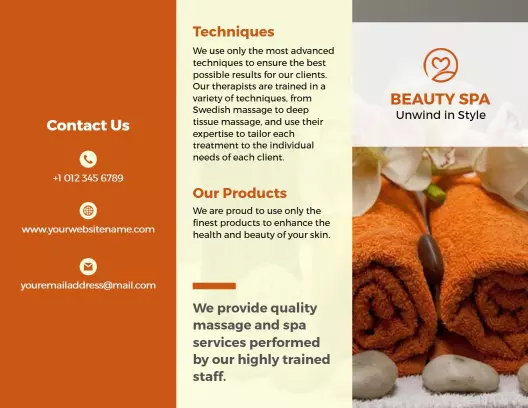 Warm Orange Spa Services and Techniques Pamphlet Brochure Template