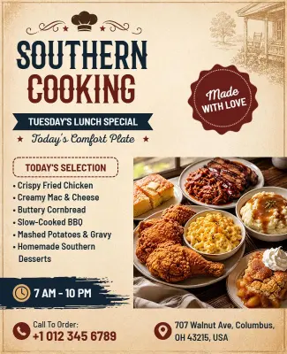 Warm Tone Southern Cooking Restaurant Promotion Flyer Template