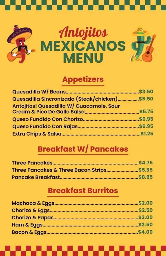 Warm Yellow Mexican Antojitos Breakfast Menu Template