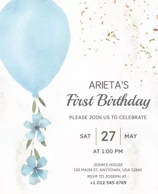 Watercolor Blue Balloon First Birthday Celebration Poster Template