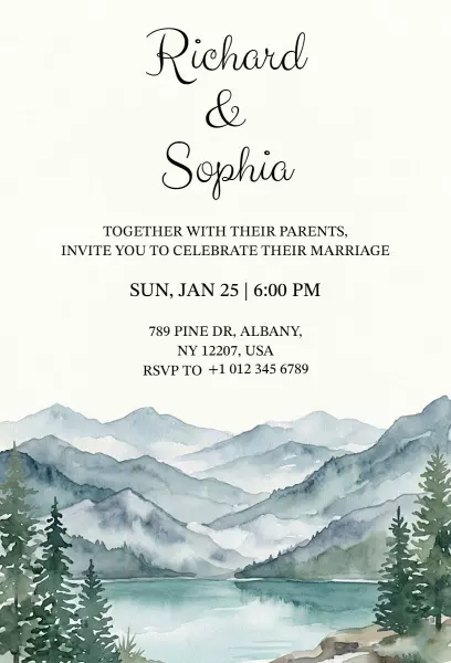 Watercolor Mountain Scenic Wedding Celebration Invitation Template