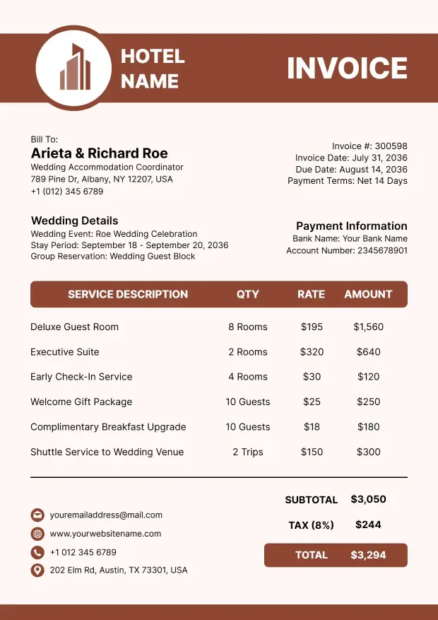 Wedding Guest Accommodation and Service Charges Hotel Invoice Template