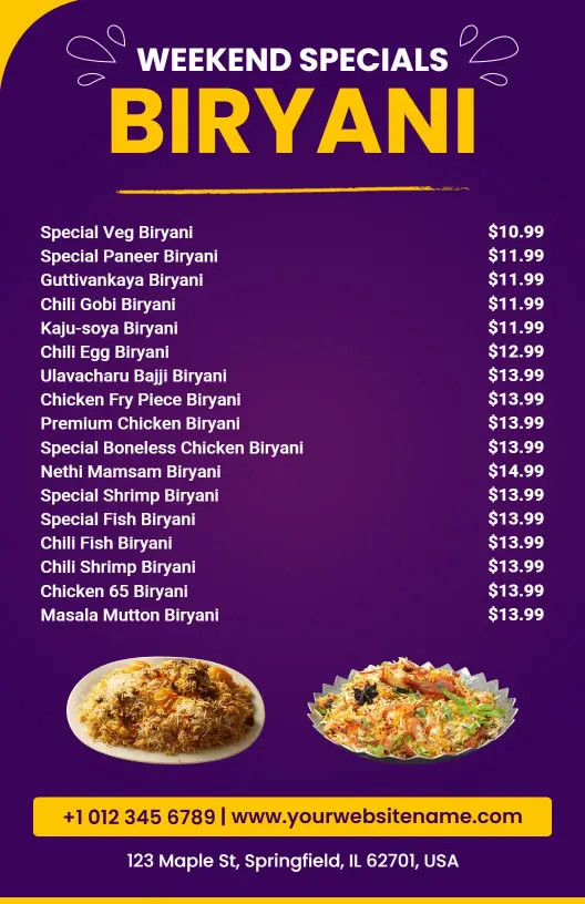 Weekend Specials Featuring Flavorful Biryani Varieties Menu Template