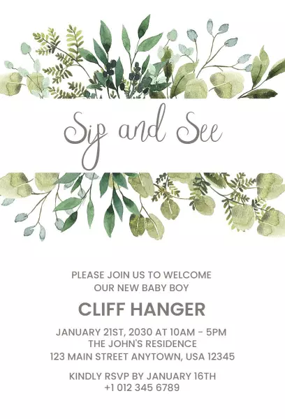 Welcoming Baby Boy Greenery Sip & See Invitation Template