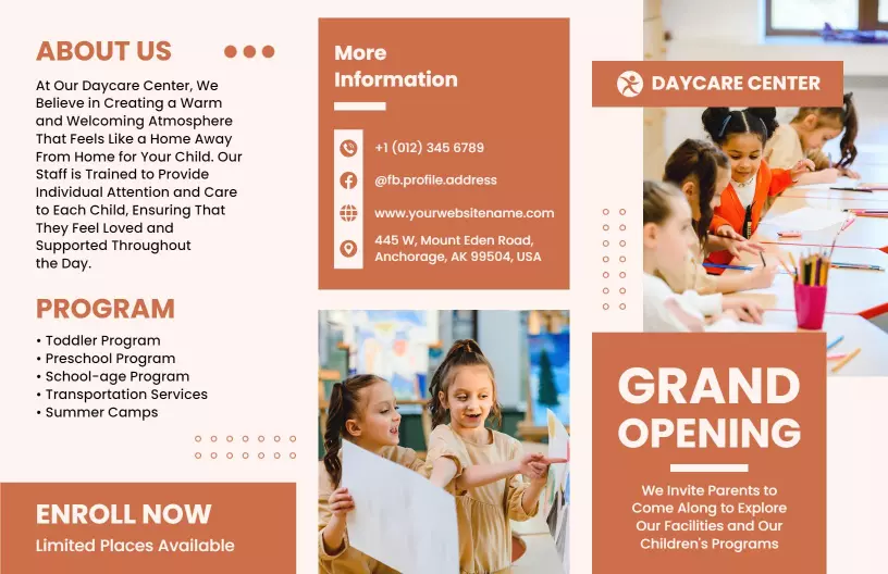 Welcoming Orange Daycare Center Programs and Grand Opening Brochure Template