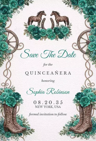 Western Horse-Themed Quinceañera Save The Date Invitation Template