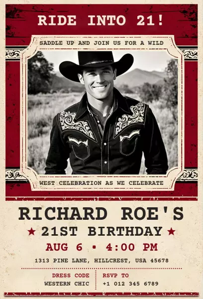 Western Style Cowboy Theme 21st Birthday Celebration Invitation Template