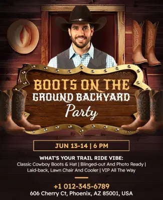 Western Theme Boots on the Ground Backyard Party Flyer Template